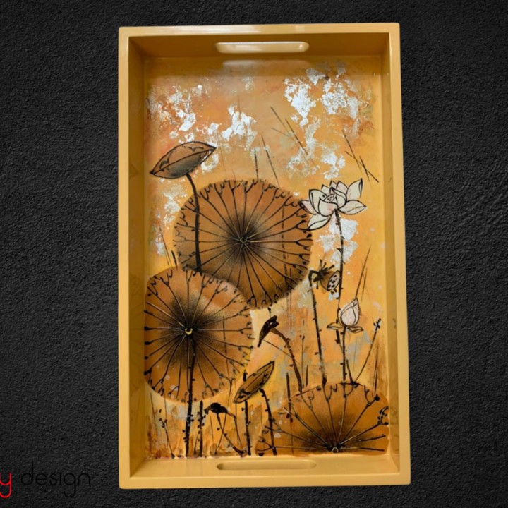 Rectangular yellow lacquer tray with hand painted lotus 25x40 cm